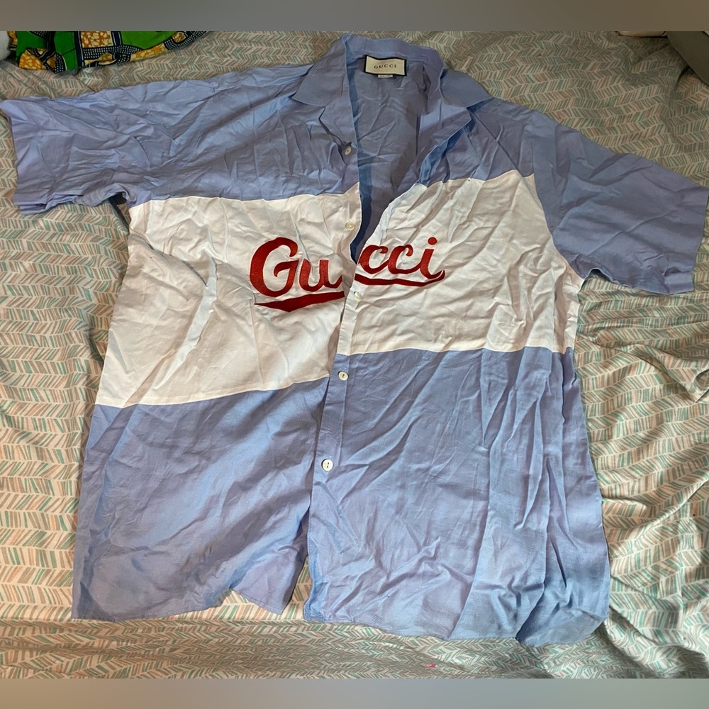 Gucci Men Gucci Monogram Bowling Loose Oxford Shirt Sky Blue/White